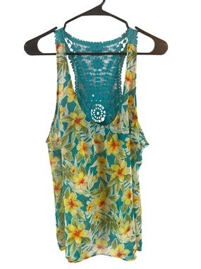 Aeropostale Teal Floral Crochet-Back Tank